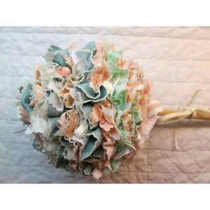 Cloth Handmade Topiary Ball Ornament Decor Peach Green Beads Roses